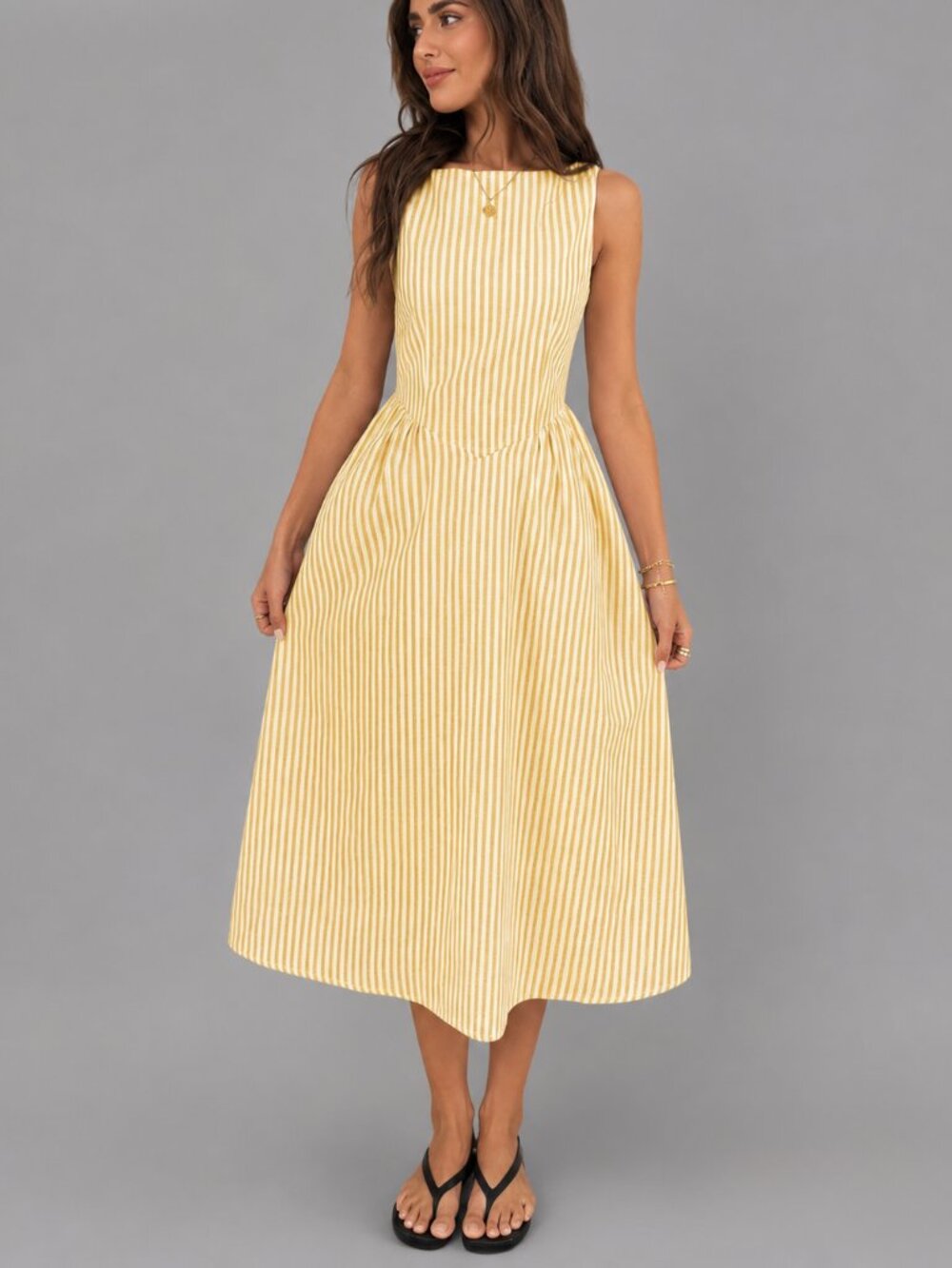 Women’s Yellow Stripe Boat Neck Sleeveless Cotton A-Line Midi Dress Chic